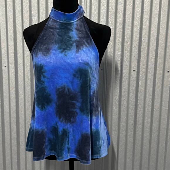 Free People Blue Tie Dye Velvet Halter Tank Top XS Mock Neck Racerback - Picture 12 of 14